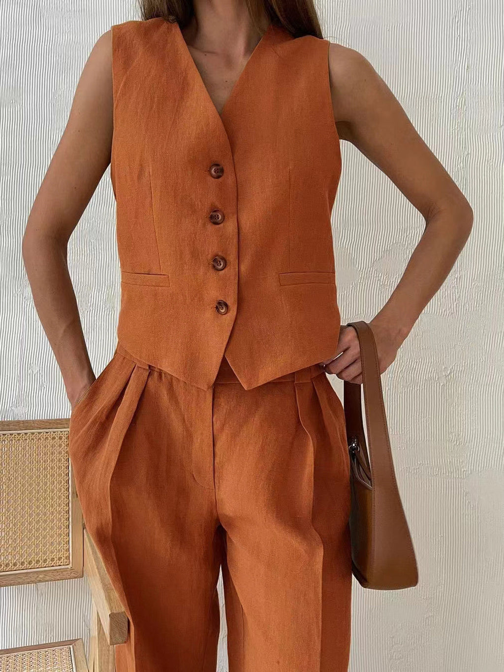 Tailored  Linen Vest & Wide-Leg Pants Set