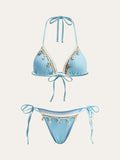 Shell-Embellished Tie-Up Triangle Bikini Set