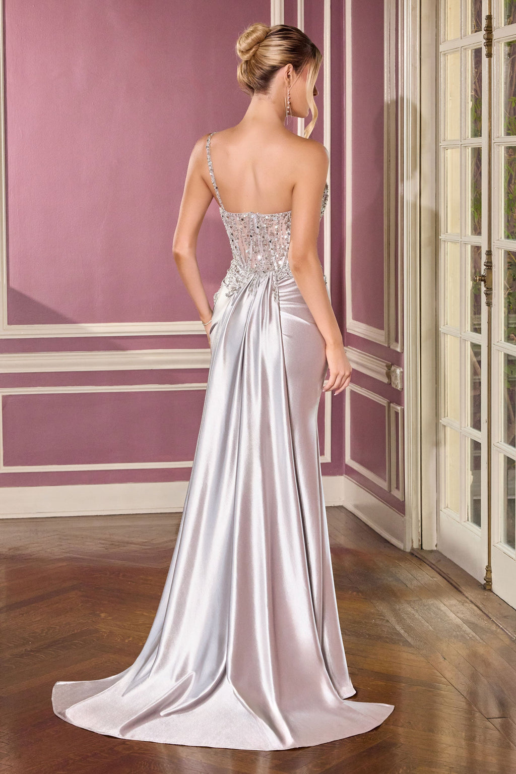 Kendra Gown ¨C Silver Dress With Train & Skirt Inset Detail
