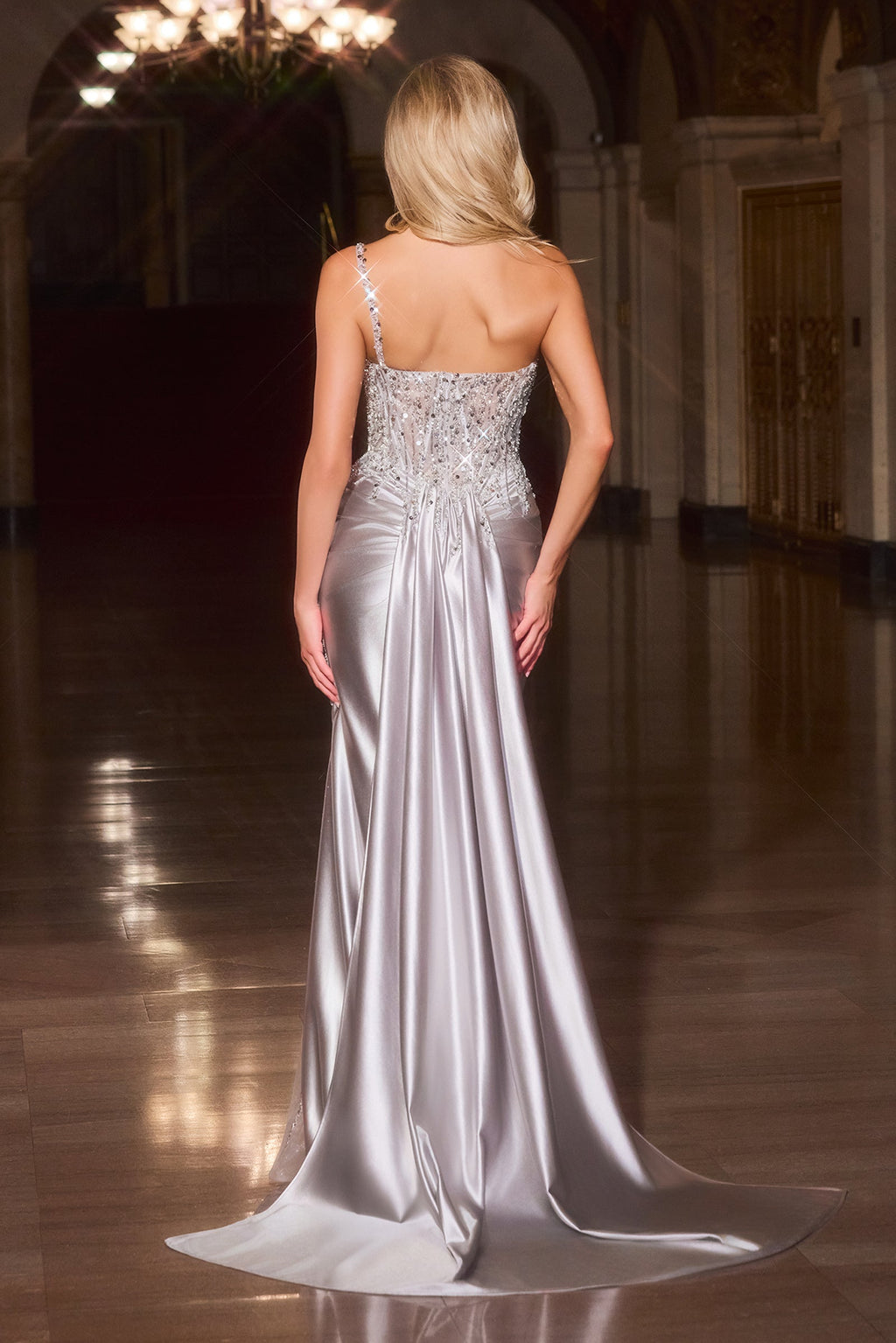 Kendra Gown ¨C Silver Dress With Train & Skirt Inset Detail