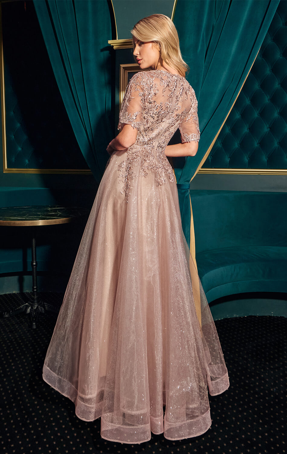 CLAUDIA GOWN - SHORT SLEEVE A-LINE GLITTER TULLE DRESS