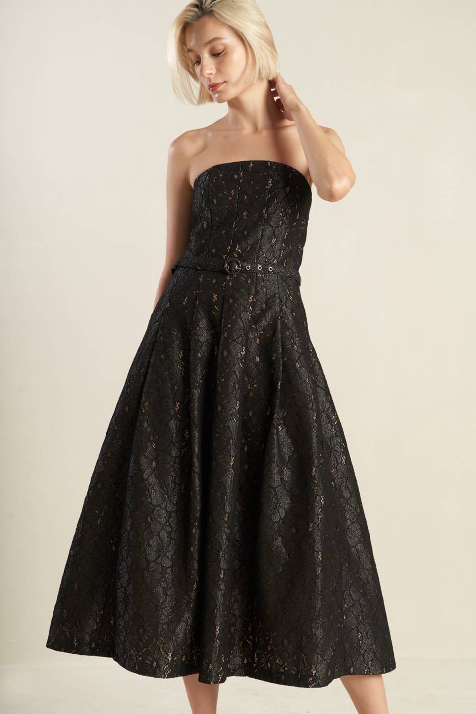 THE TRUTH IS STRAPLESS BLACK LACE MIDI DRESS - FINAL SALE