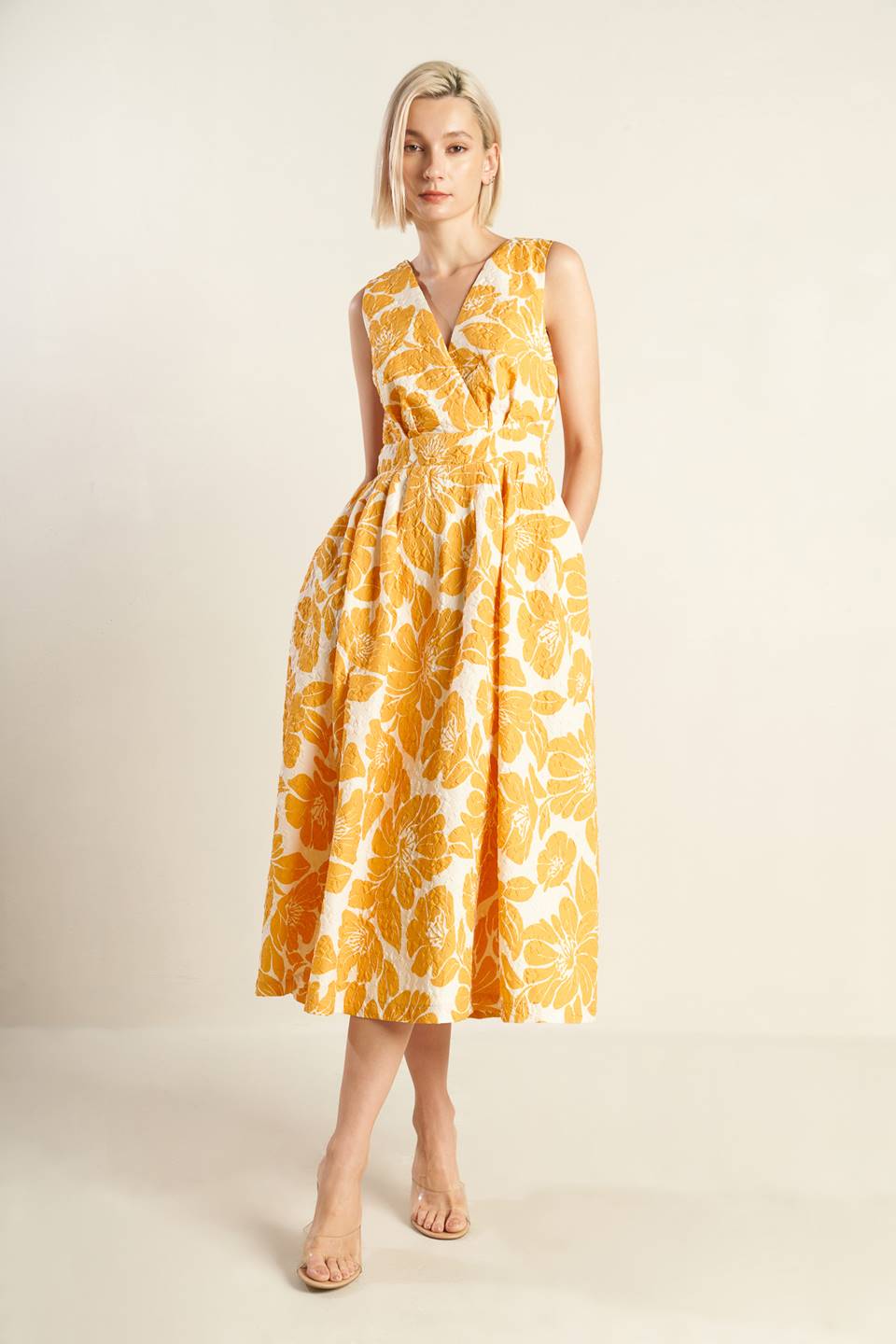 BOLD BLOOMS - MUSTARD YELLOW MIDI DRESS