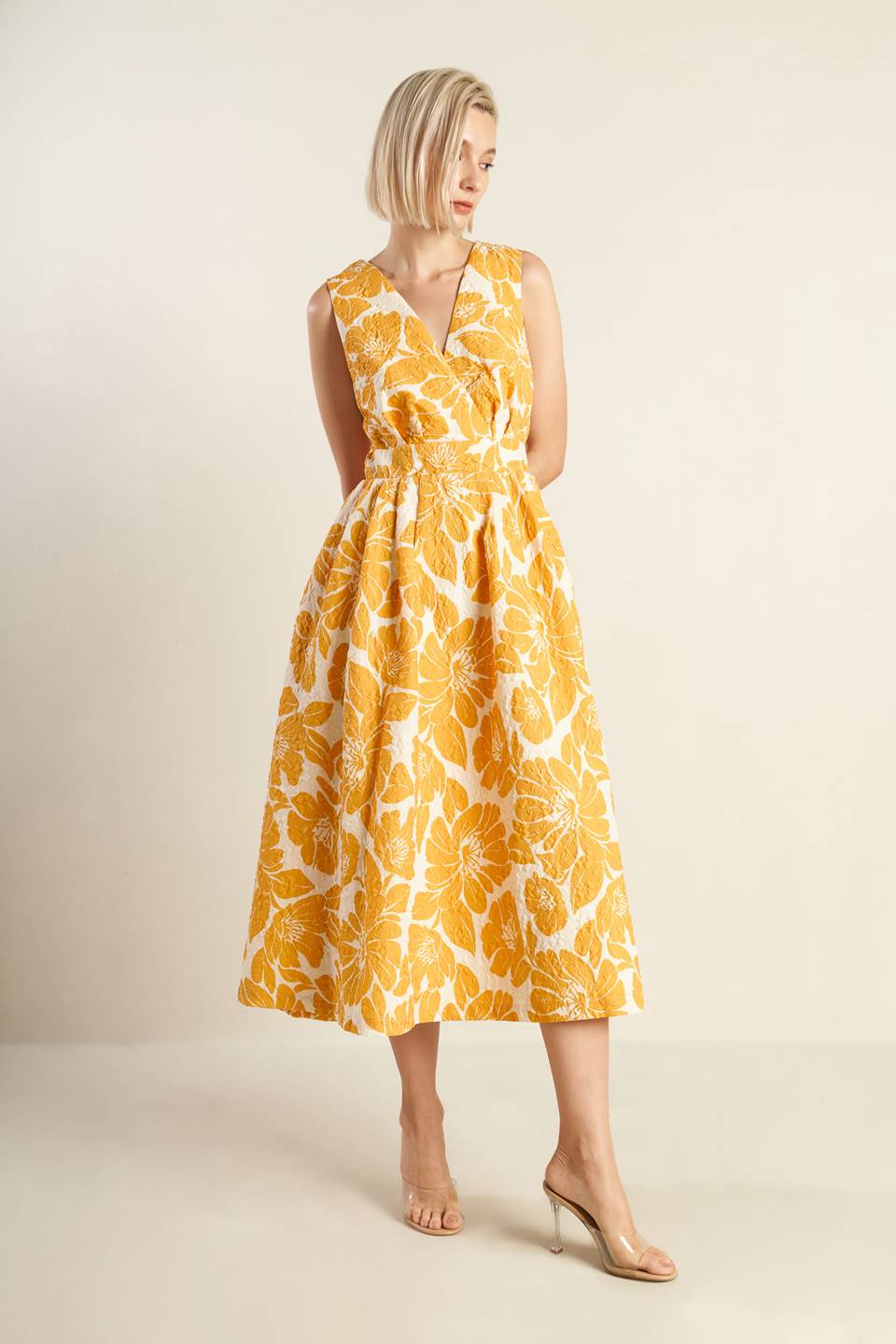 BOLD BLOOMS - MUSTARD YELLOW MIDI DRESS