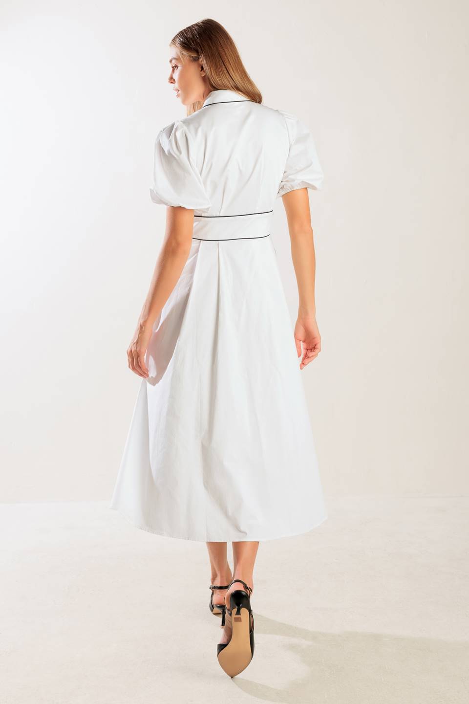 VINTAGE VIBES PUFF SLEEVE MIDI DRESS - WHITE
