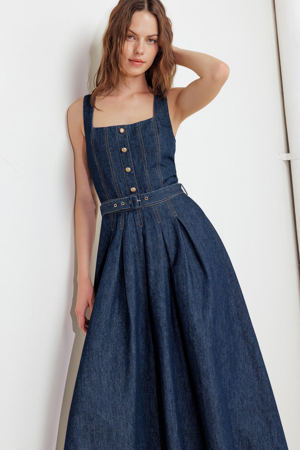 MOONLIGHT SERENADE DARK DENIM MIDI DRESS