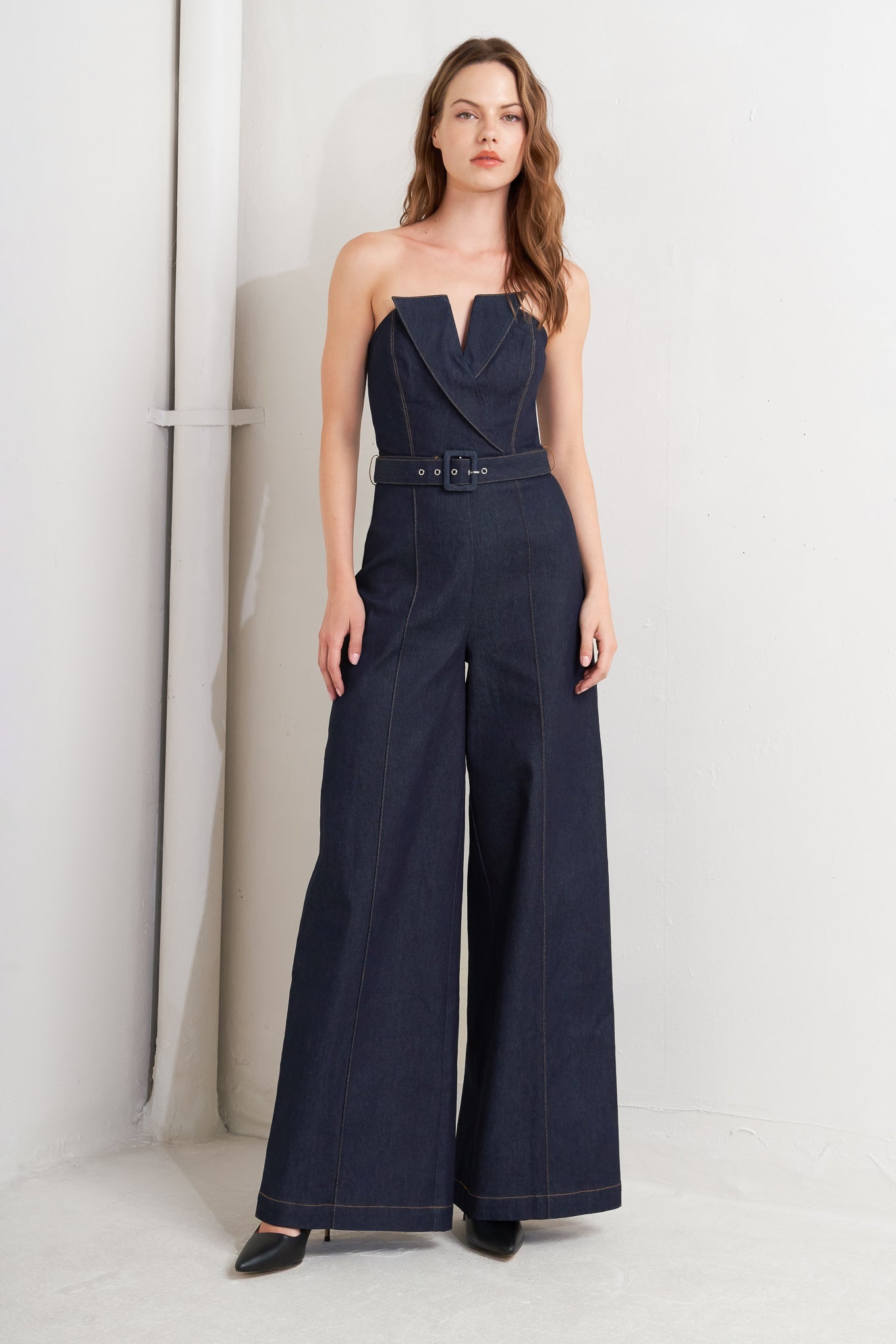 LE BONHEUR V CUT VOW DENIM JUMPSUIT - FINAL SALE
