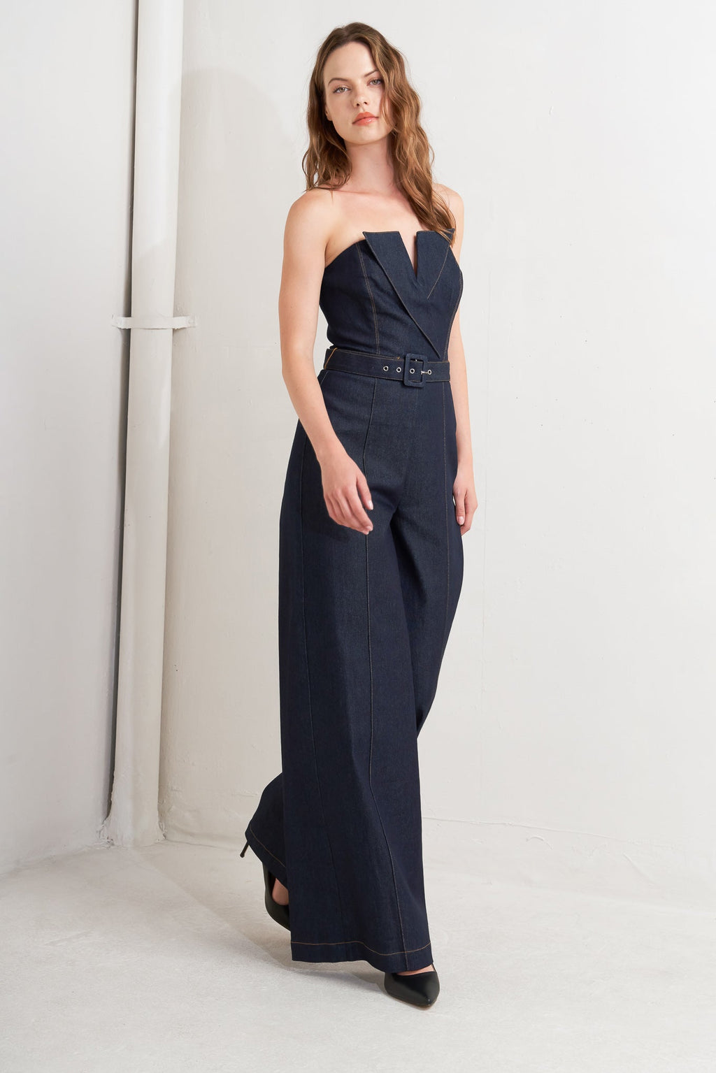 LE BONHEUR V CUT VOW DENIM JUMPSUIT - FINAL SALE