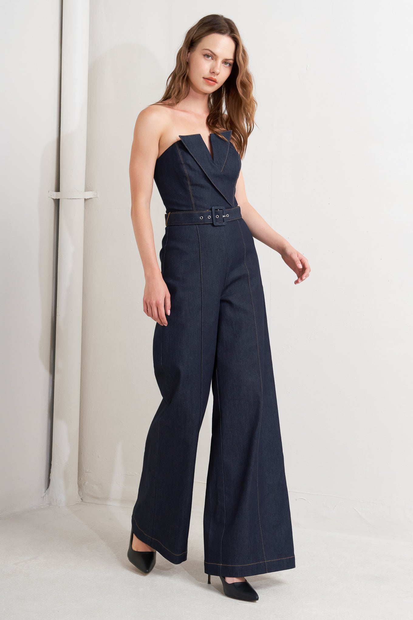 LE BONHEUR V CUT VOW DENIM JUMPSUIT - FINAL SALE