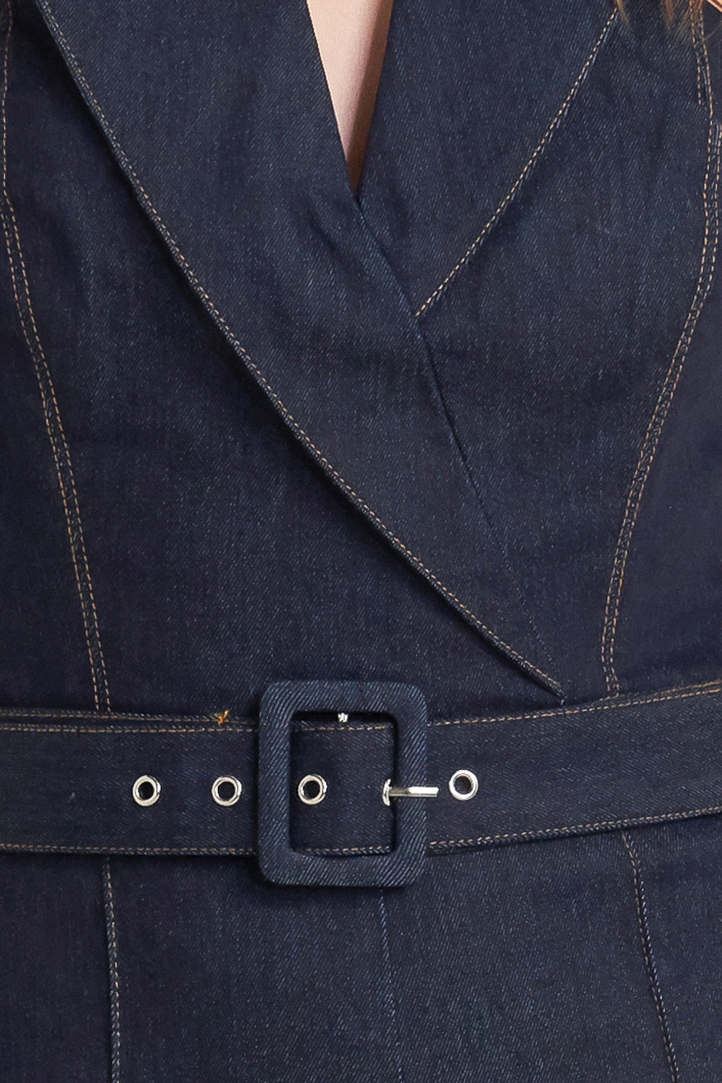 LE BONHEUR V CUT VOW DENIM JUMPSUIT - FINAL SALE
