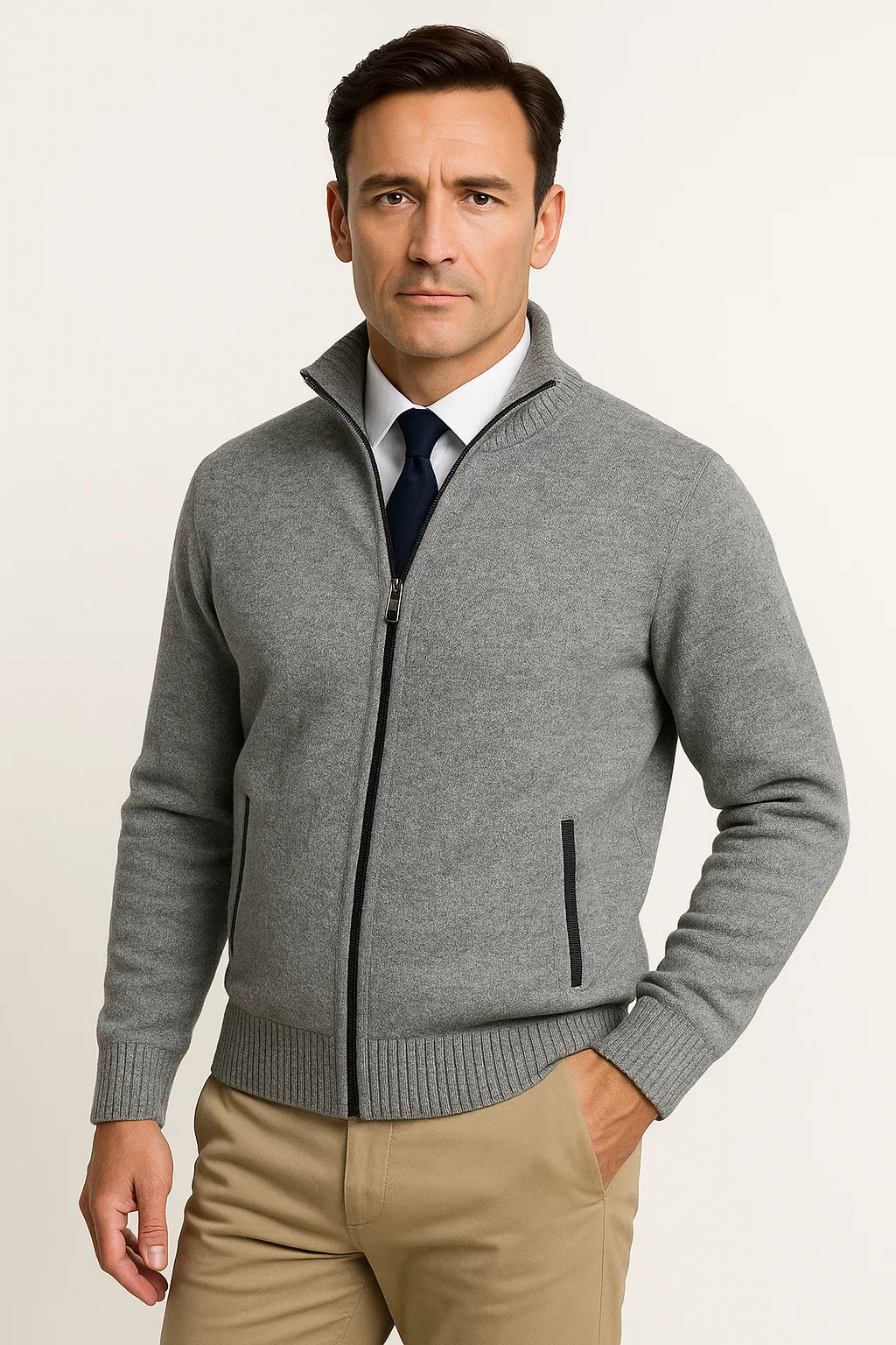 Men's  Full Zip Knit Cardigan | Stand Collar | Refined Rib Texture