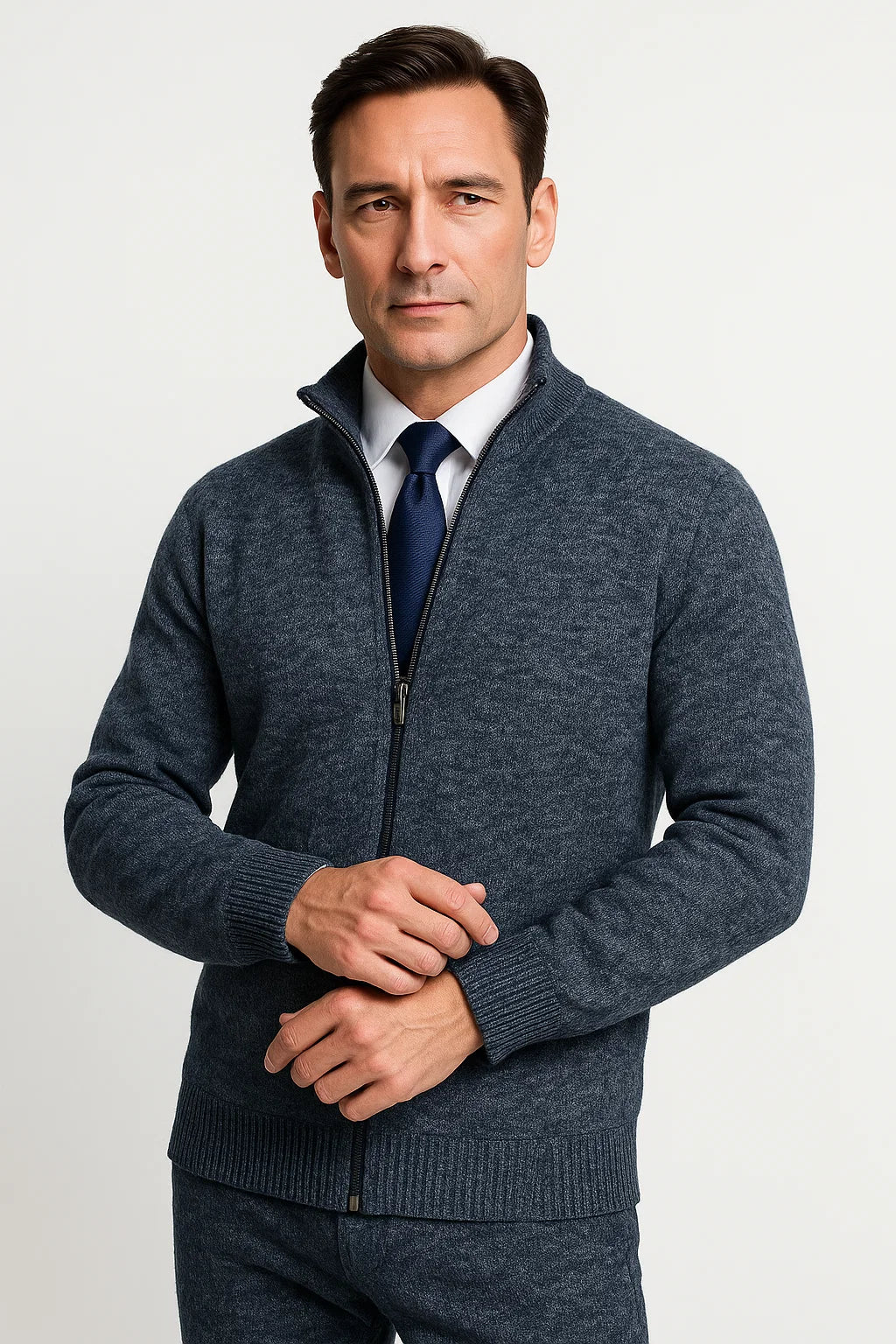 Men's  Full Zip Knit Cardigan | Stand Collar | Refined Rib Texture
