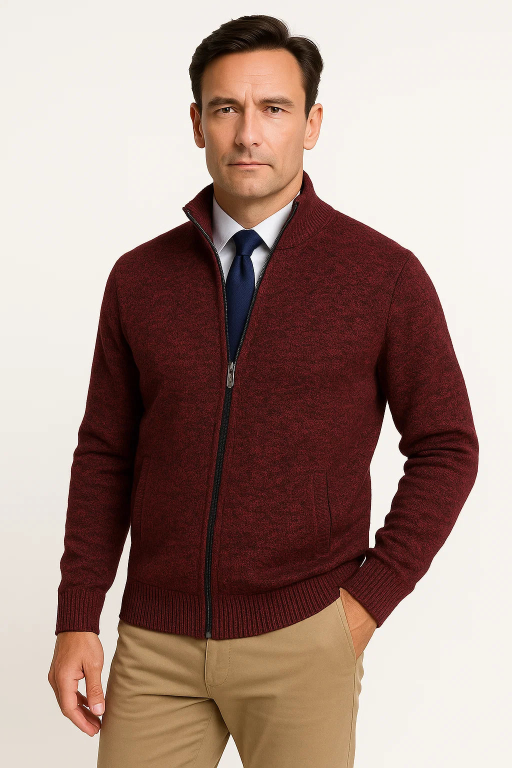 Men's  Full Zip Knit Cardigan | Stand Collar | Refined Rib Texture
