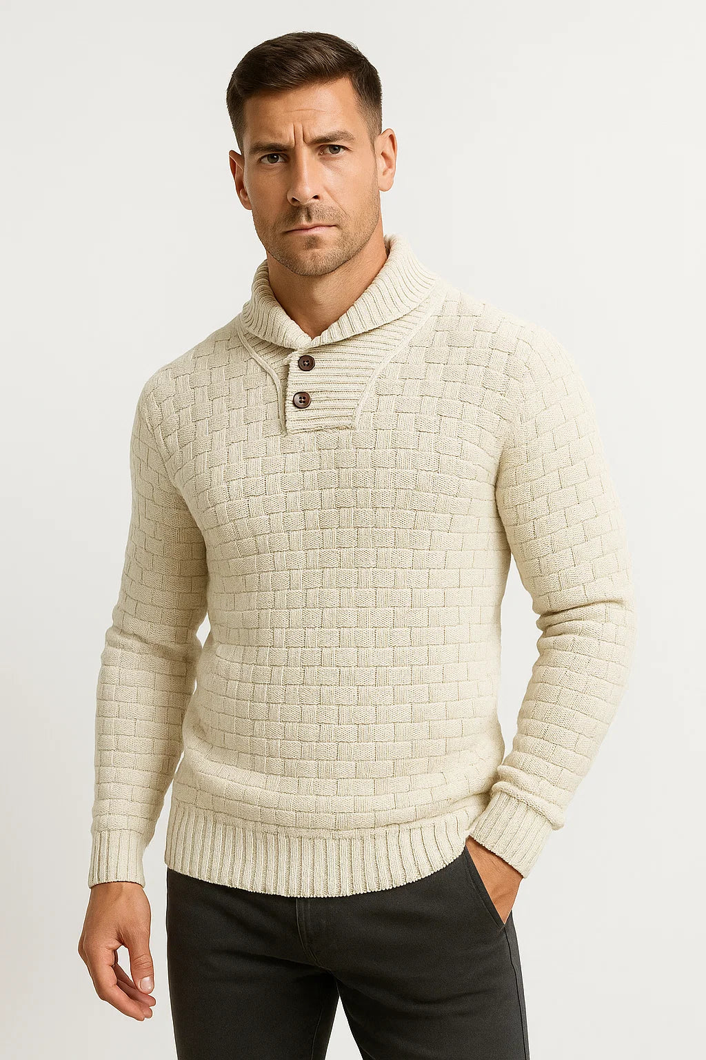 Men's  Maison Textured Knit Sweater | Shawl Collar | Button Detail