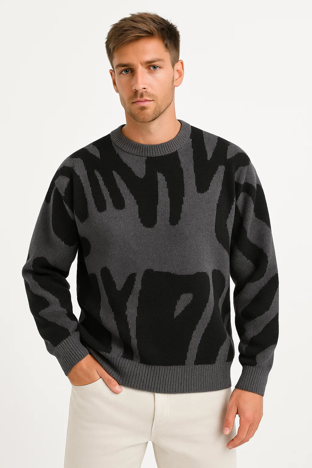 Men's Jacquard Knit Sweater | Abstract Pattern Crew Neck