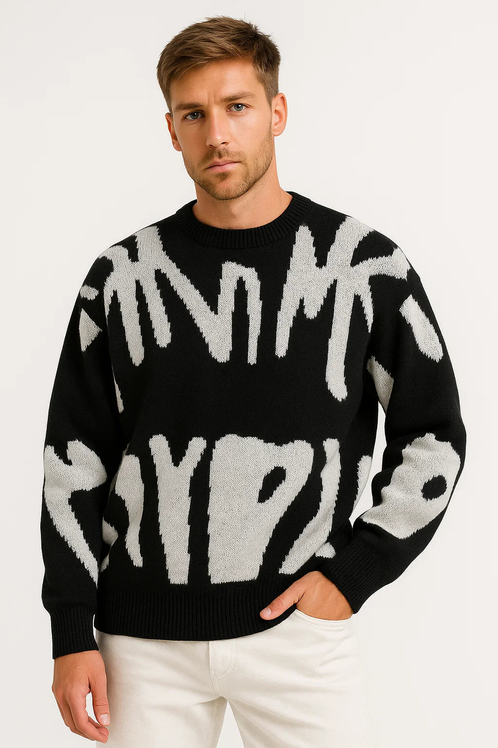 Men's Jacquard Knit Sweater | Abstract Pattern Crew Neck