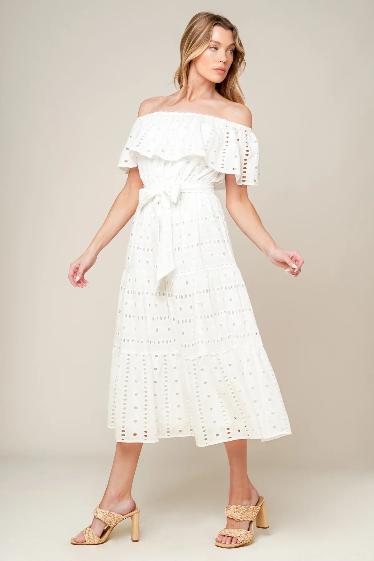 CATCHING MY BREATH EYELET MIDI DRESS