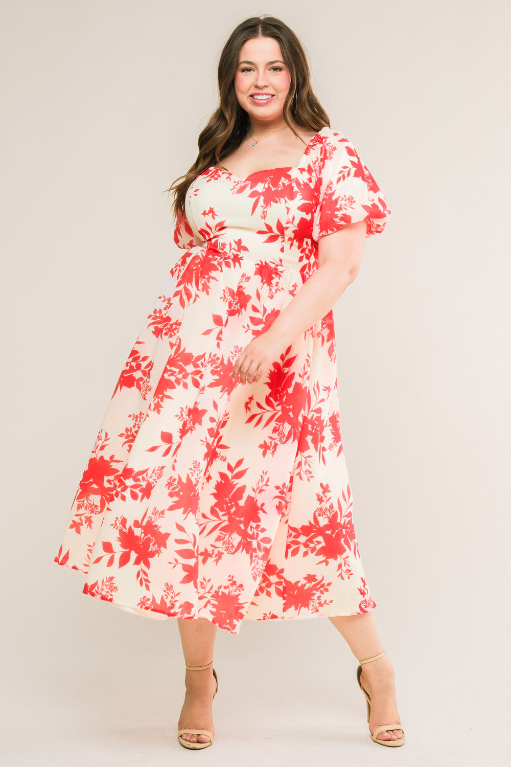 COTTAGE GARDEN PUFF SLEEVE MIDI DRESS - RED