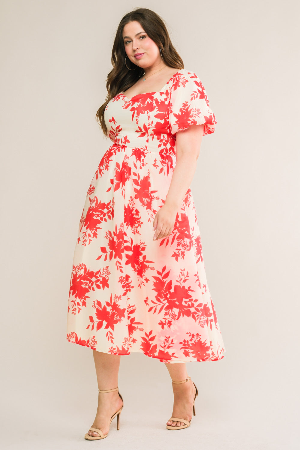 COTTAGE GARDEN PUFF SLEEVE MIDI DRESS - RED