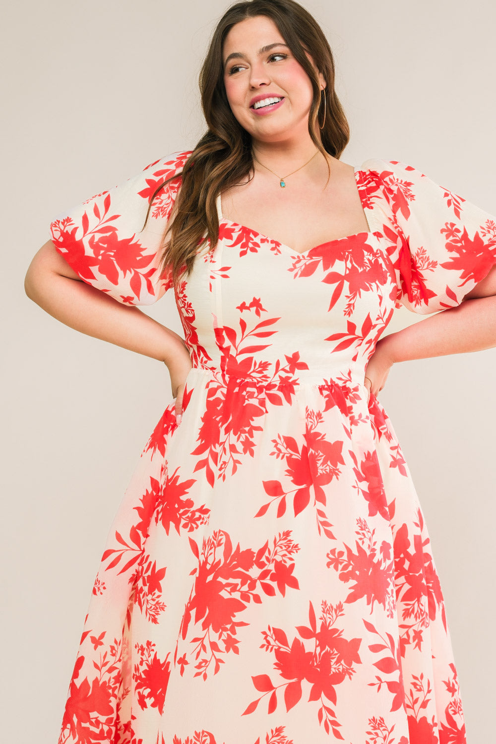 COTTAGE GARDEN PUFF SLEEVE MIDI DRESS - RED