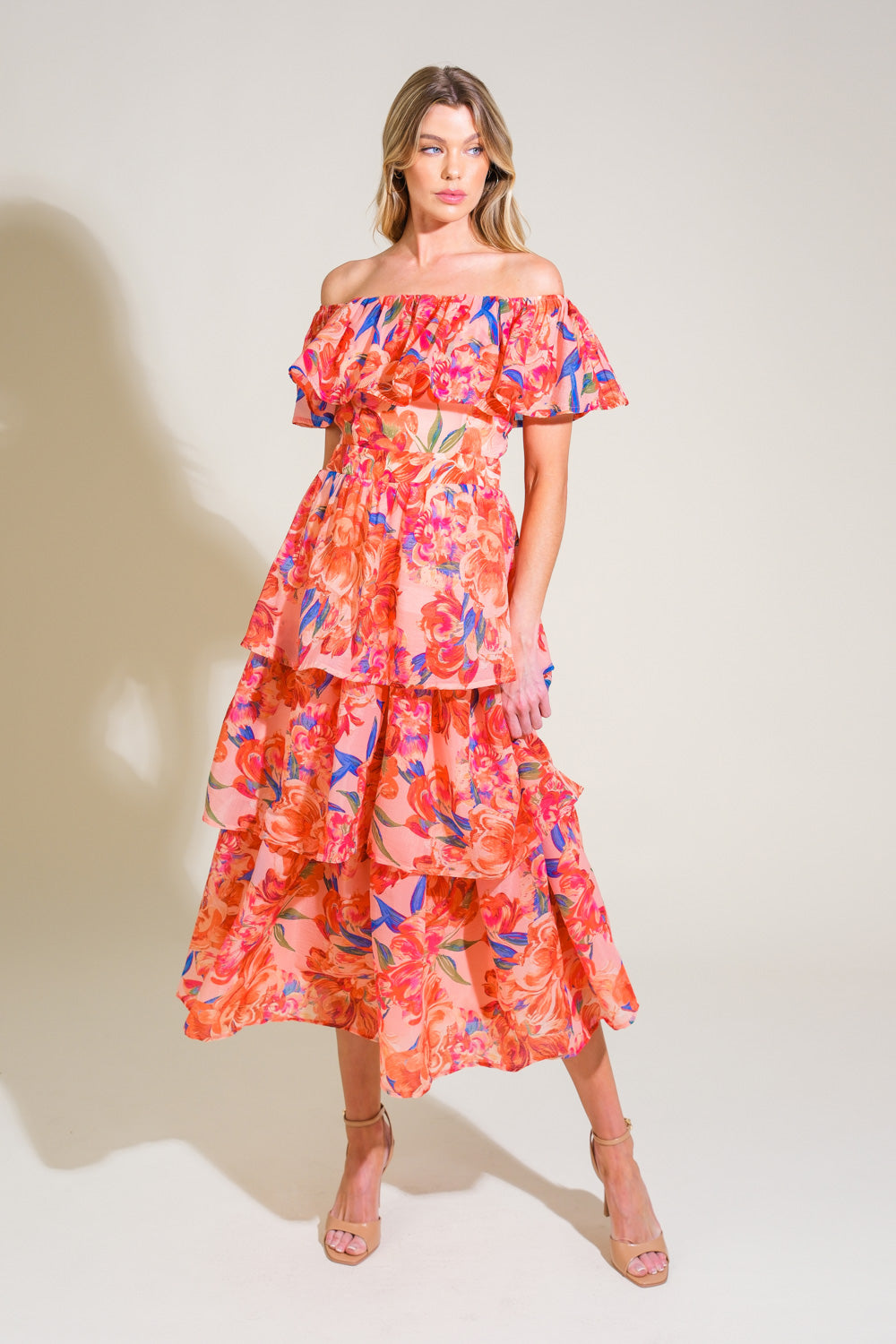 STROLL THE AVENUES MIDI DRESS - PEACH - FINAL SALE