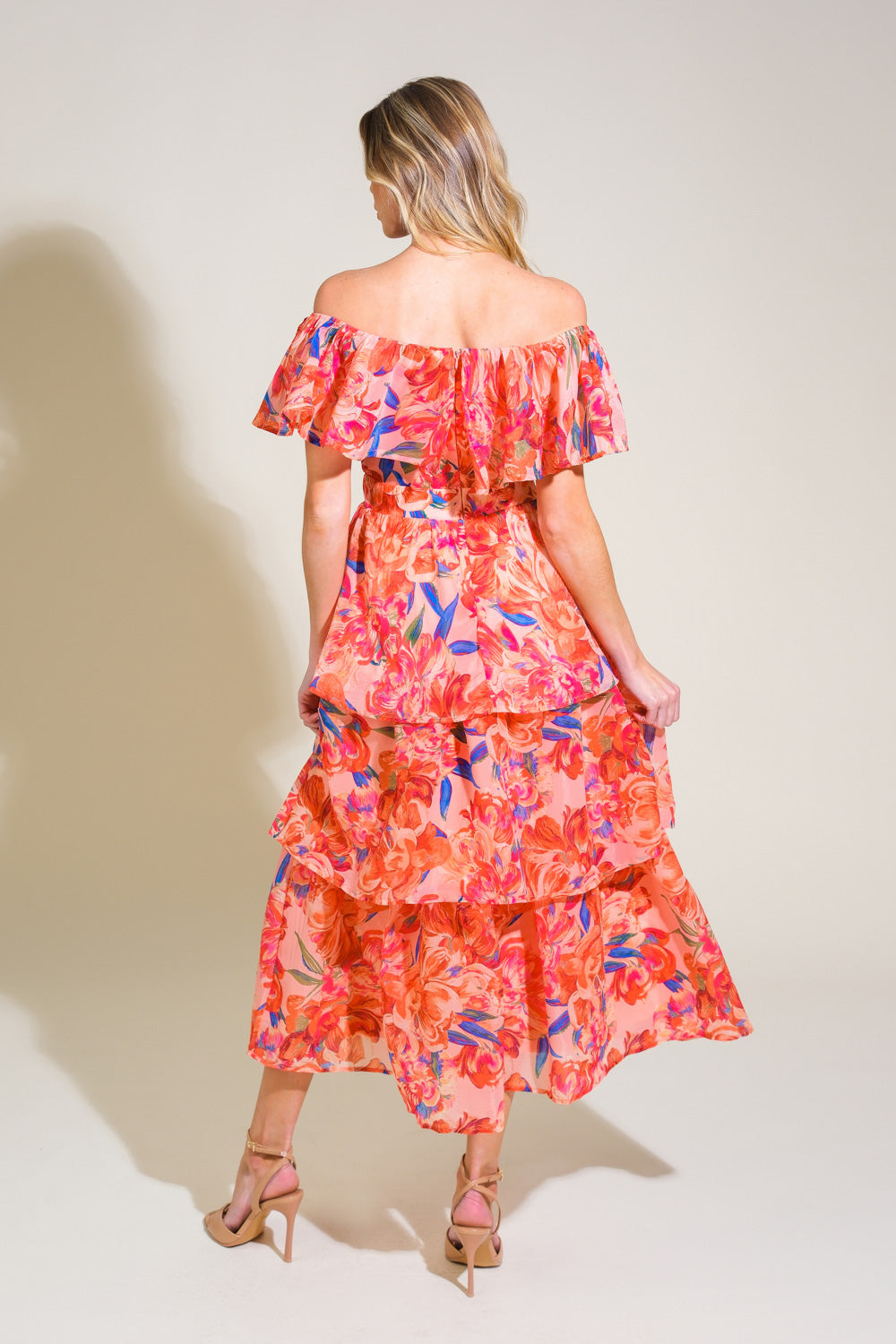 STROLL THE AVENUES MIDI DRESS - PEACH - FINAL SALE