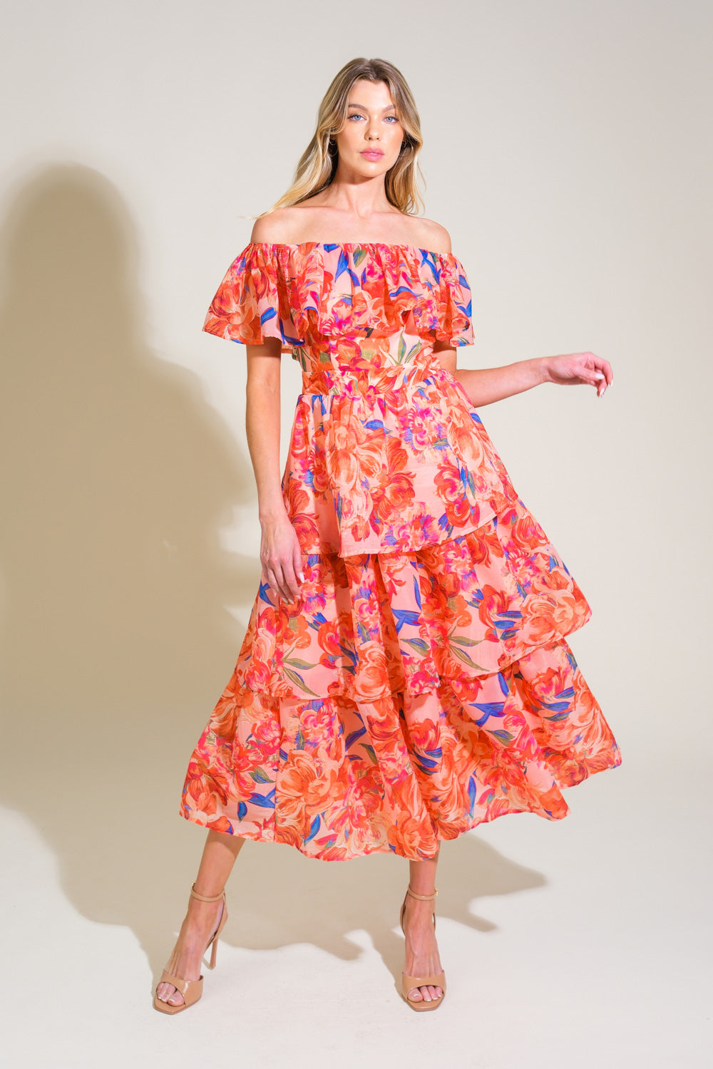 STROLL THE AVENUES MIDI DRESS - PEACH - FINAL SALE