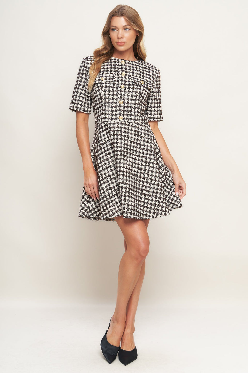 ELEGANT CHECK BROWN TWEED MINI DRESS