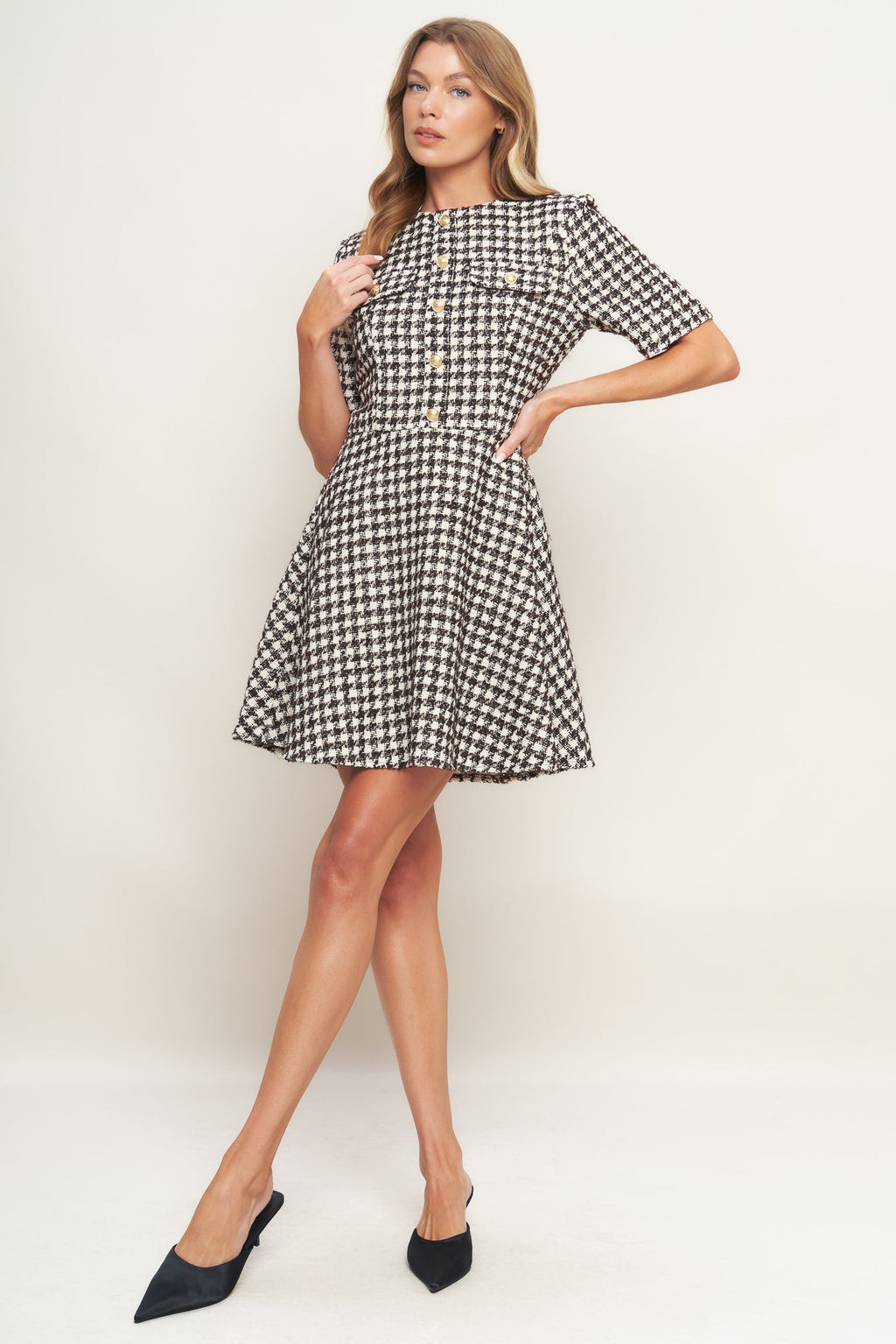 ELEGANT CHECK BROWN TWEED MINI DRESS - FINAL SALE