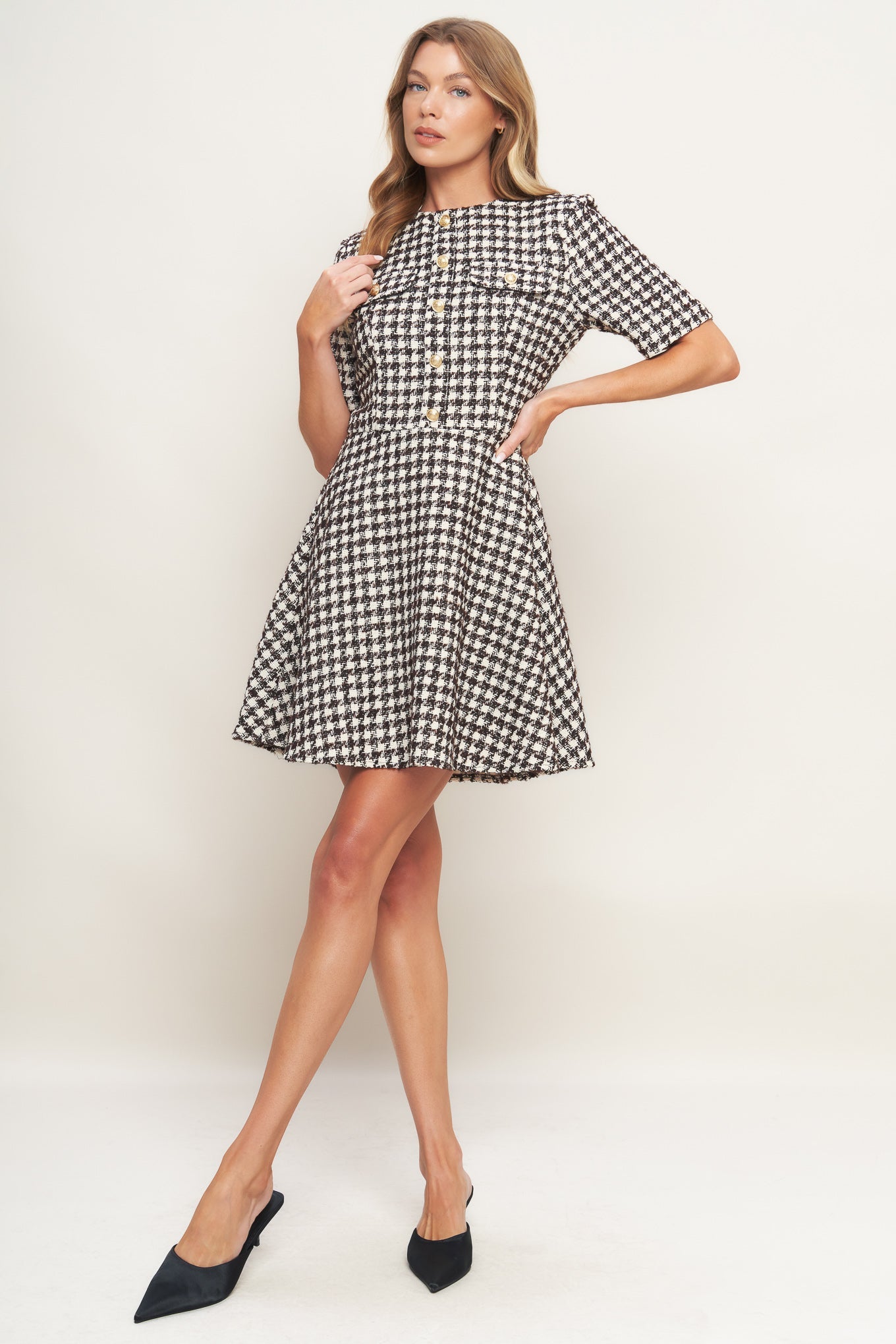 ELEGANT CHECK BROWN TWEED MINI DRESS - FINAL SALE