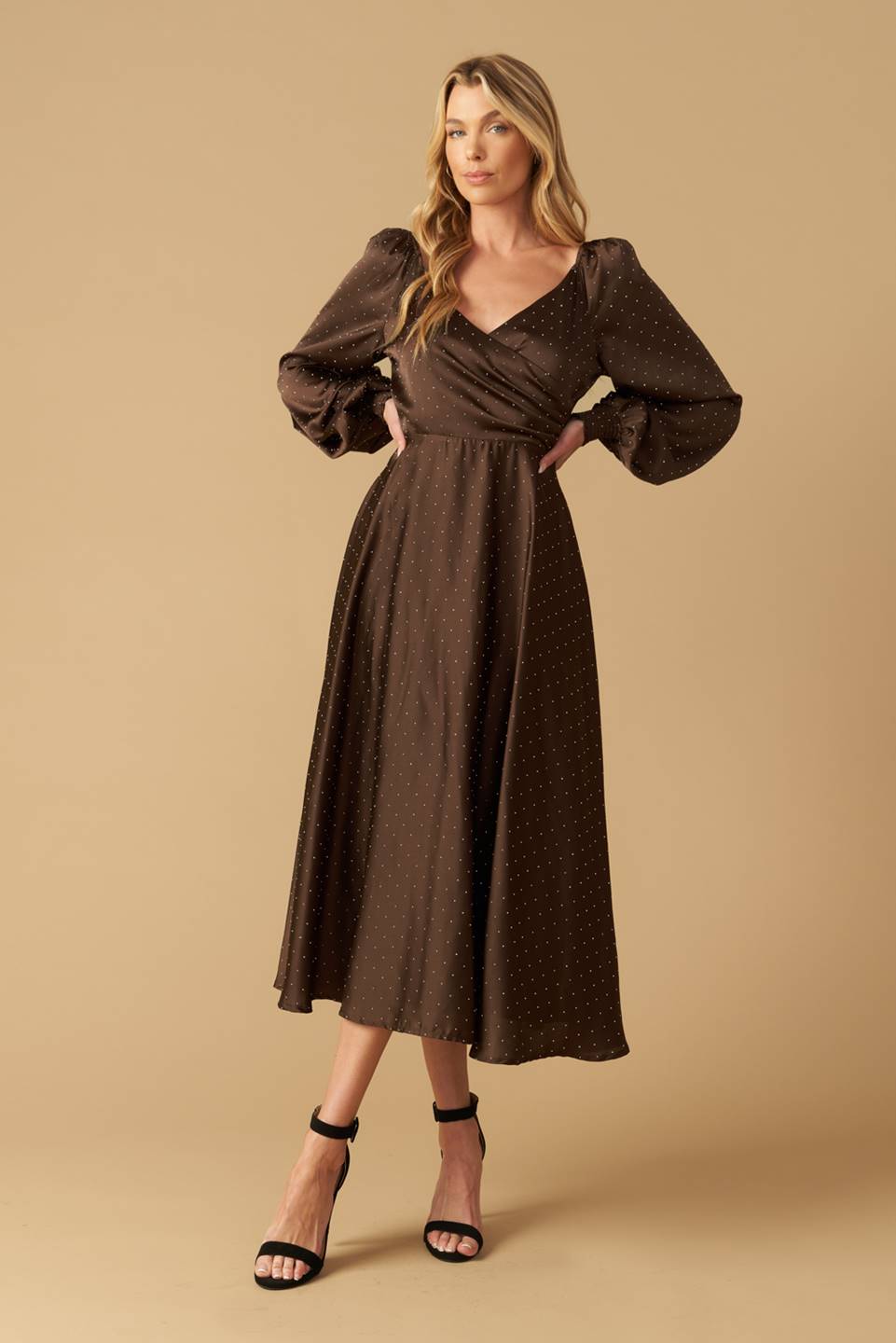 ROMANTIC LOVE - BROWN LONG SLEEVE MIDI DRESS
