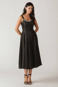 PEARL TRIM BLACK SATIN MIDI DRESS - FINAL SALE