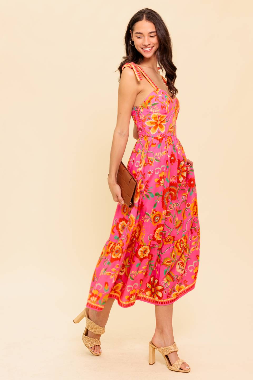 GARDEN GATHERING BUSTIER MIDI DRESS - PINK MULTI