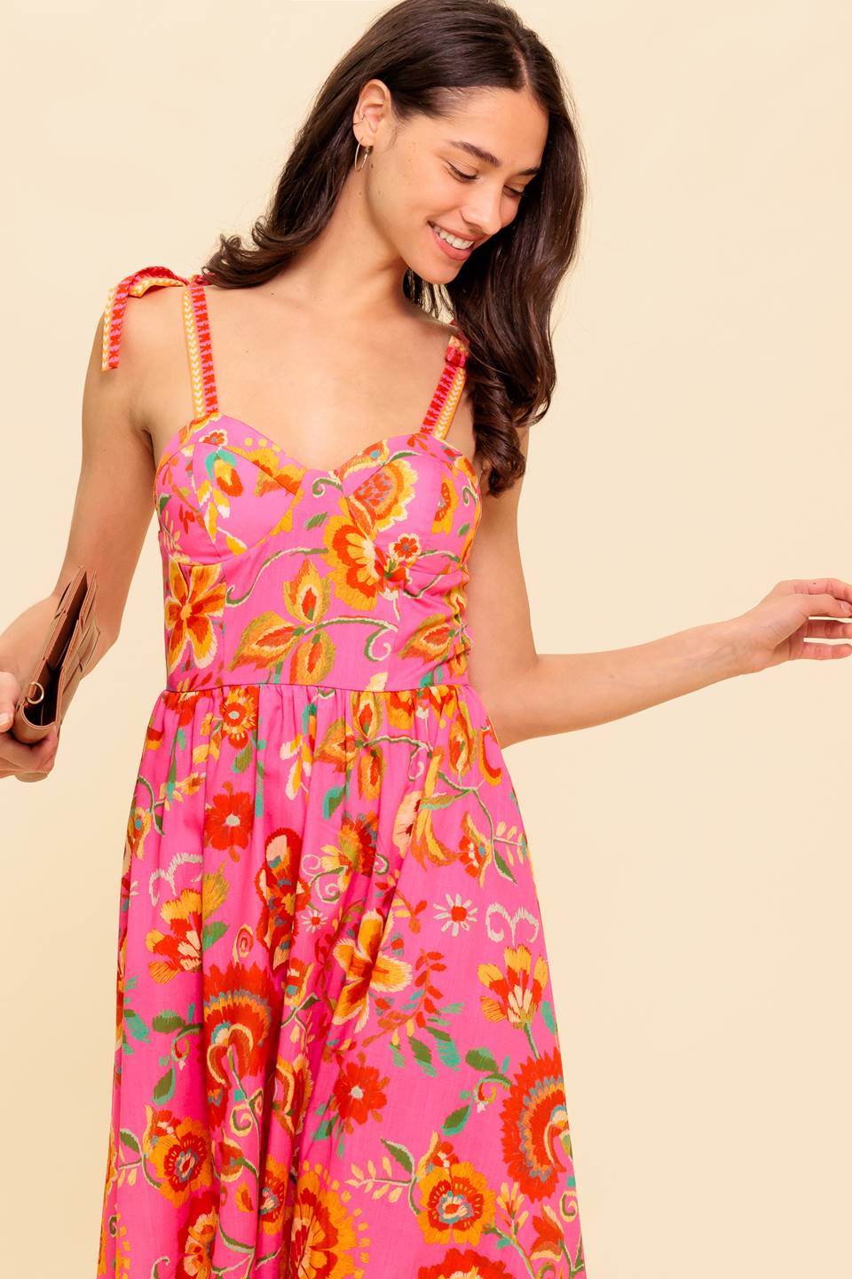GARDEN GATHERING BUSTIER MIDI DRESS - PINK MULTI