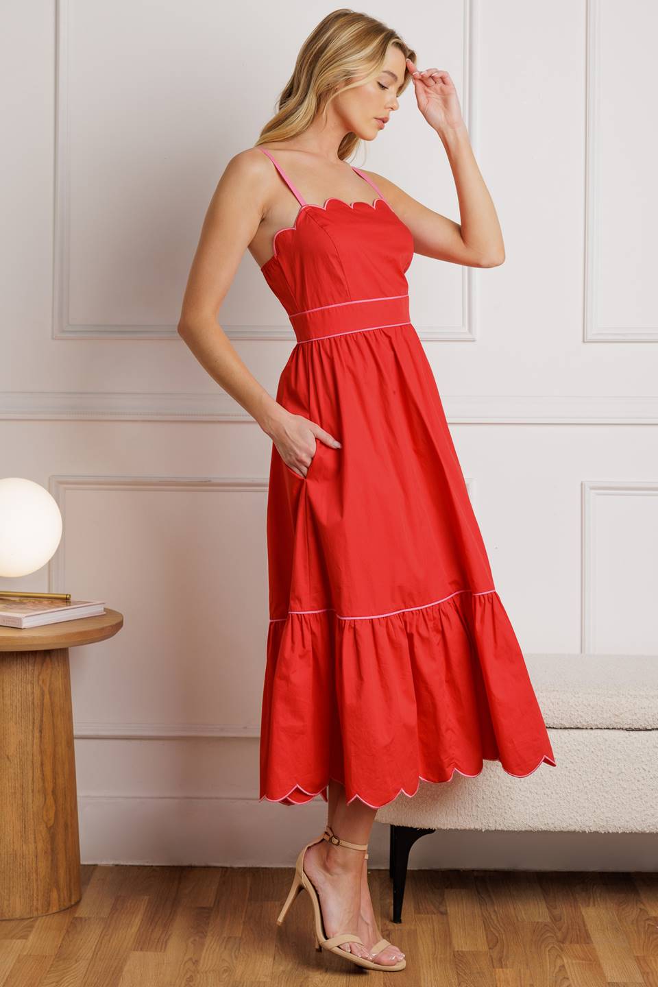 SWEET DREAMS - RED & PINK - SCALLOPED EDGE MIDI DRESS