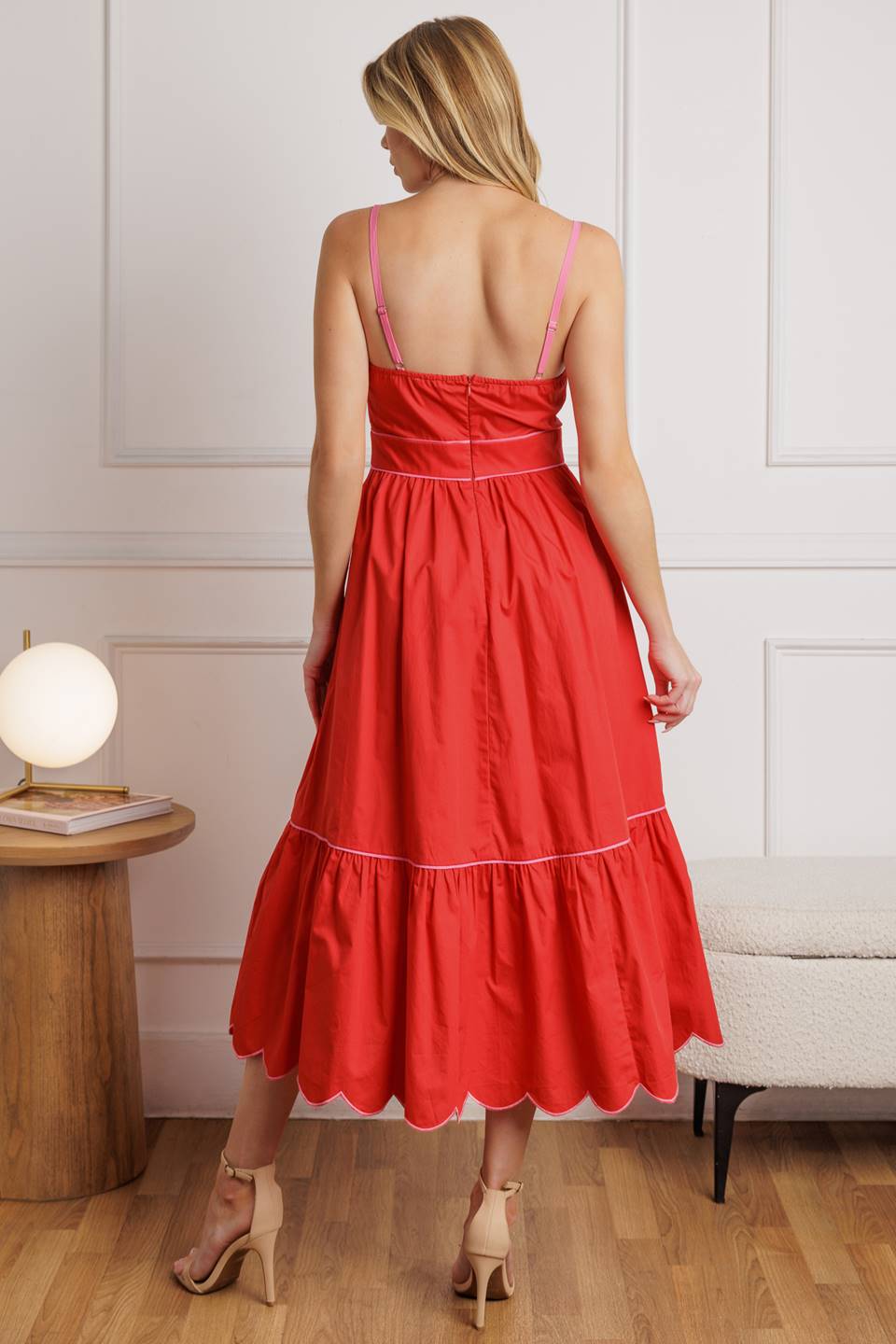 SWEET DREAMS - RED & PINK - SCALLOPED EDGE MIDI DRESS