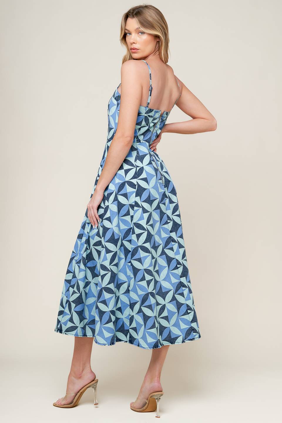 GWENNY - GEOMETRIC BLUE DENIM MIDI DRESS
