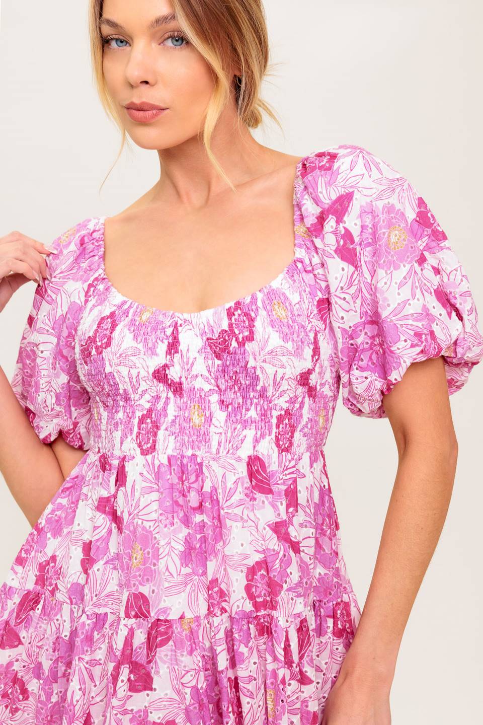 PRETTY IN PINK EYELET MINI DRESS