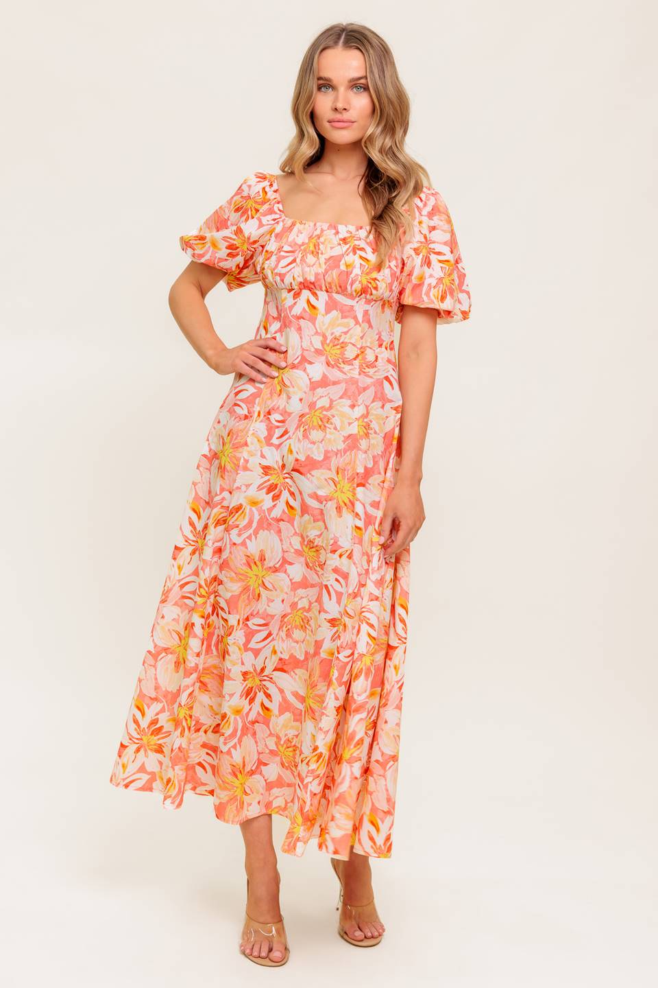 ISLAND FLOWERS PUFF SLEEVE MIDI DRESS - CORAL - FINAL SALE