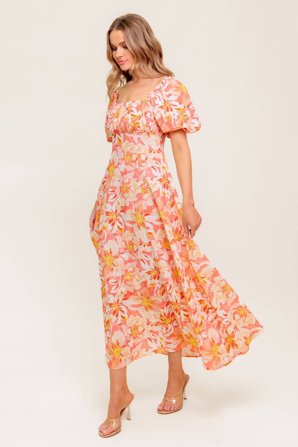 ISLAND FLOWERS PUFF SLEEVE MIDI DRESS - CORAL - FINAL SALE