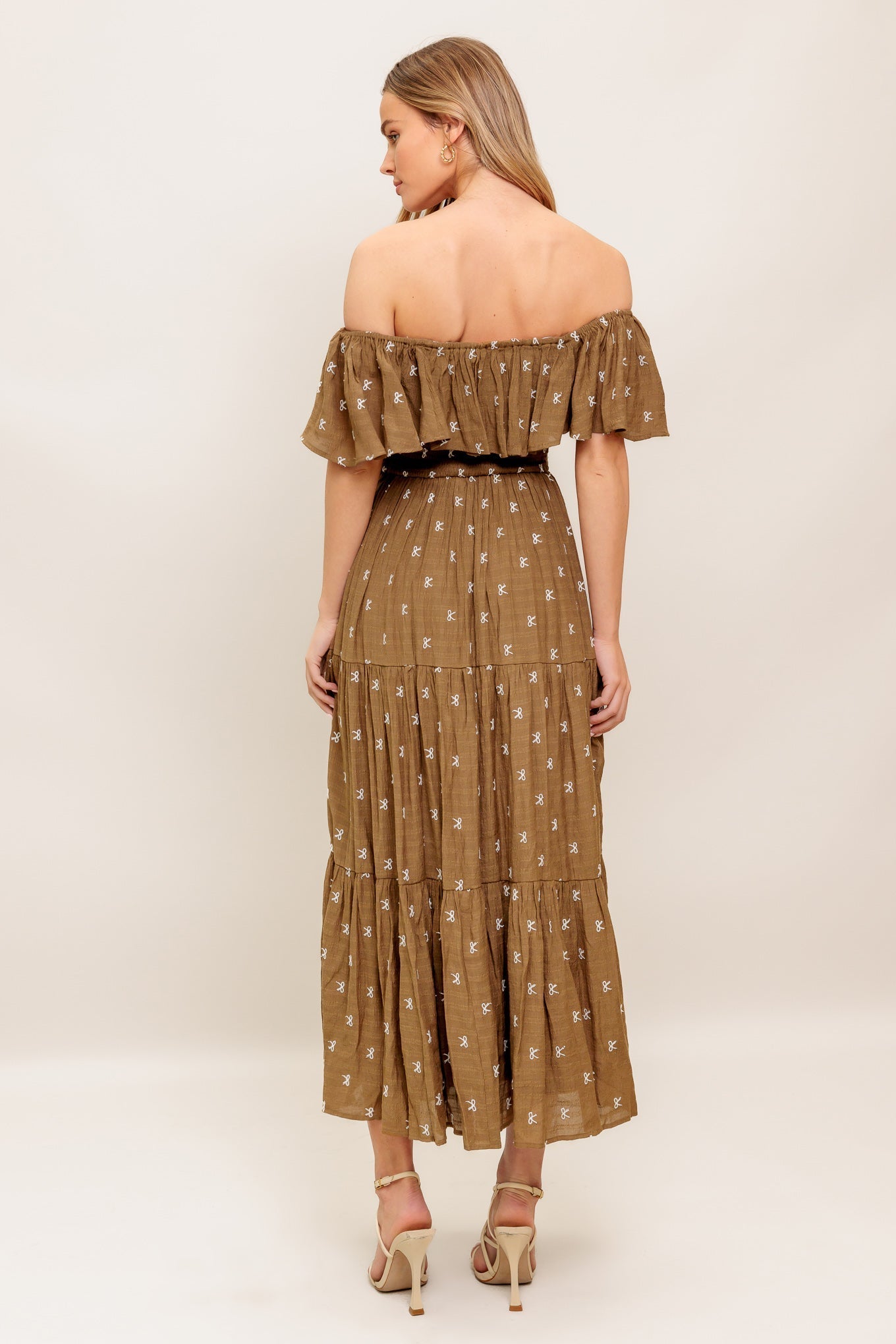 BELLE AMOUR OFF SHOULDER BROWN MIDI DRESS