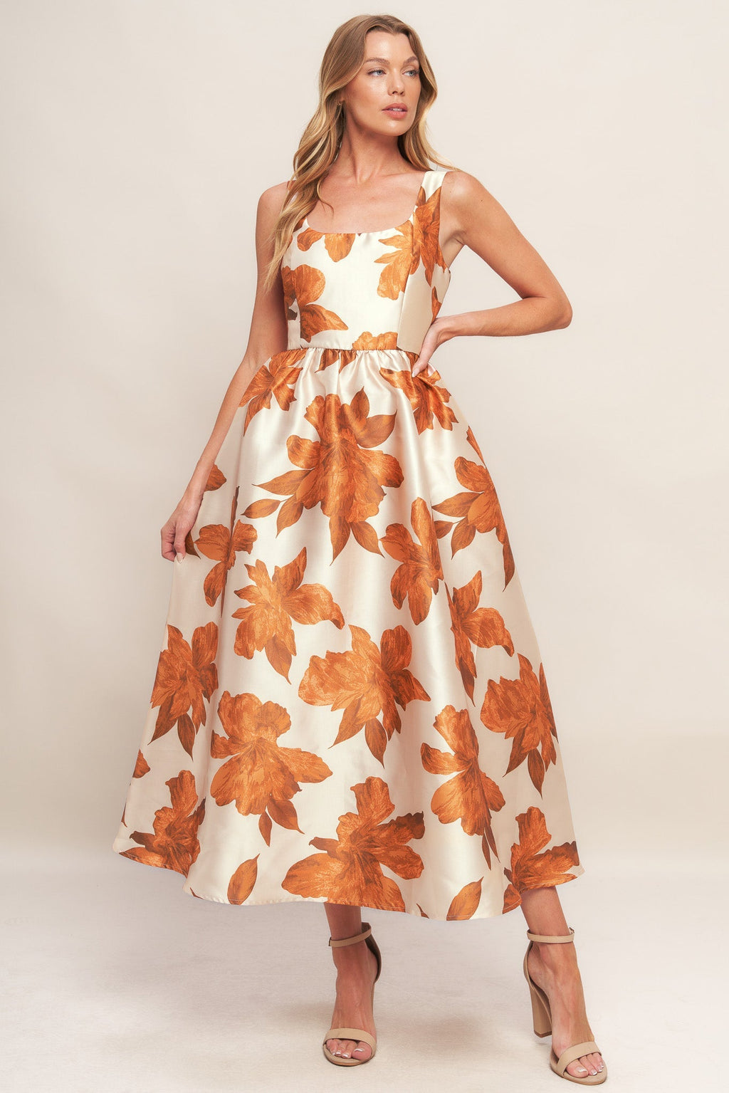 FALL FLORAL SATIN MIDI DRESS - RUST