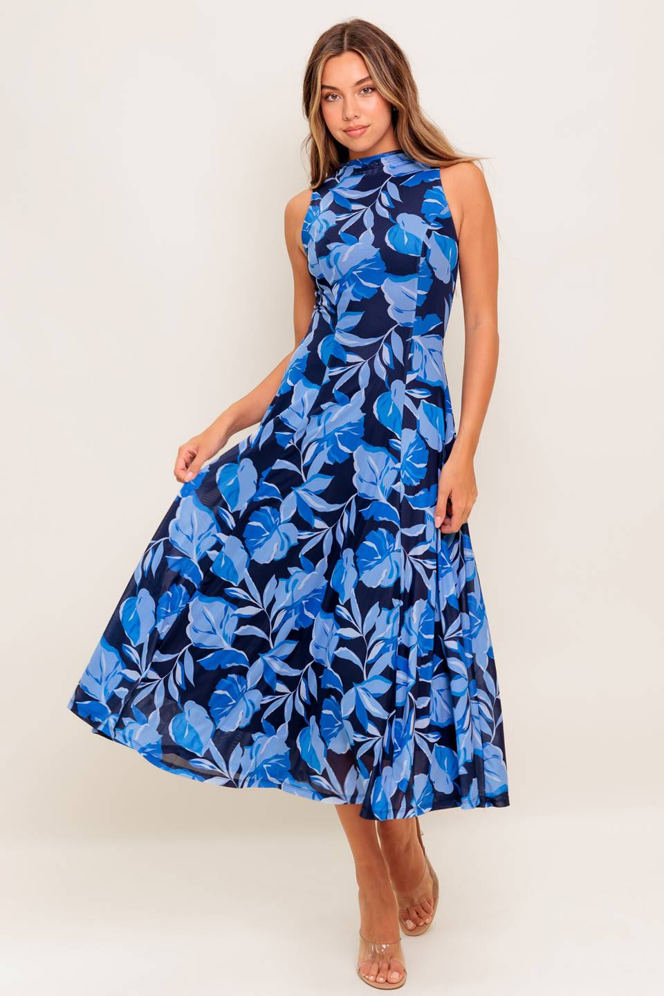PALMER POWER MESH PRINTED MIDI DRESS - BLUE