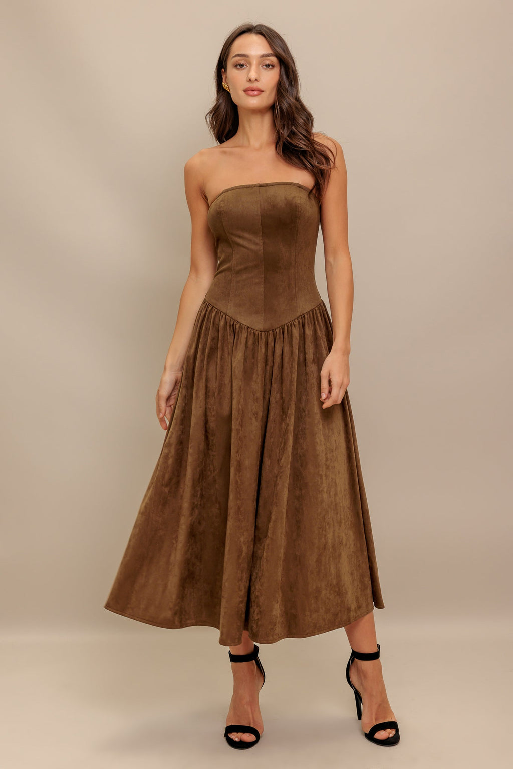 WILD ESPRESSO BROWN FAUX SUEDE MIDI DRESS