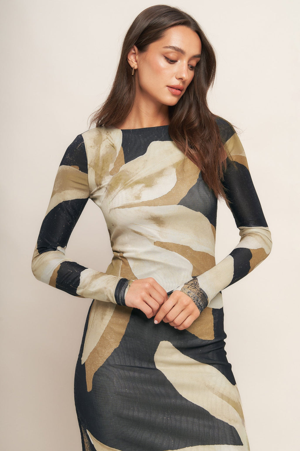 ABSTRACT BOTANICA LONG SLEEVE POWER MESH MIDI DRESS