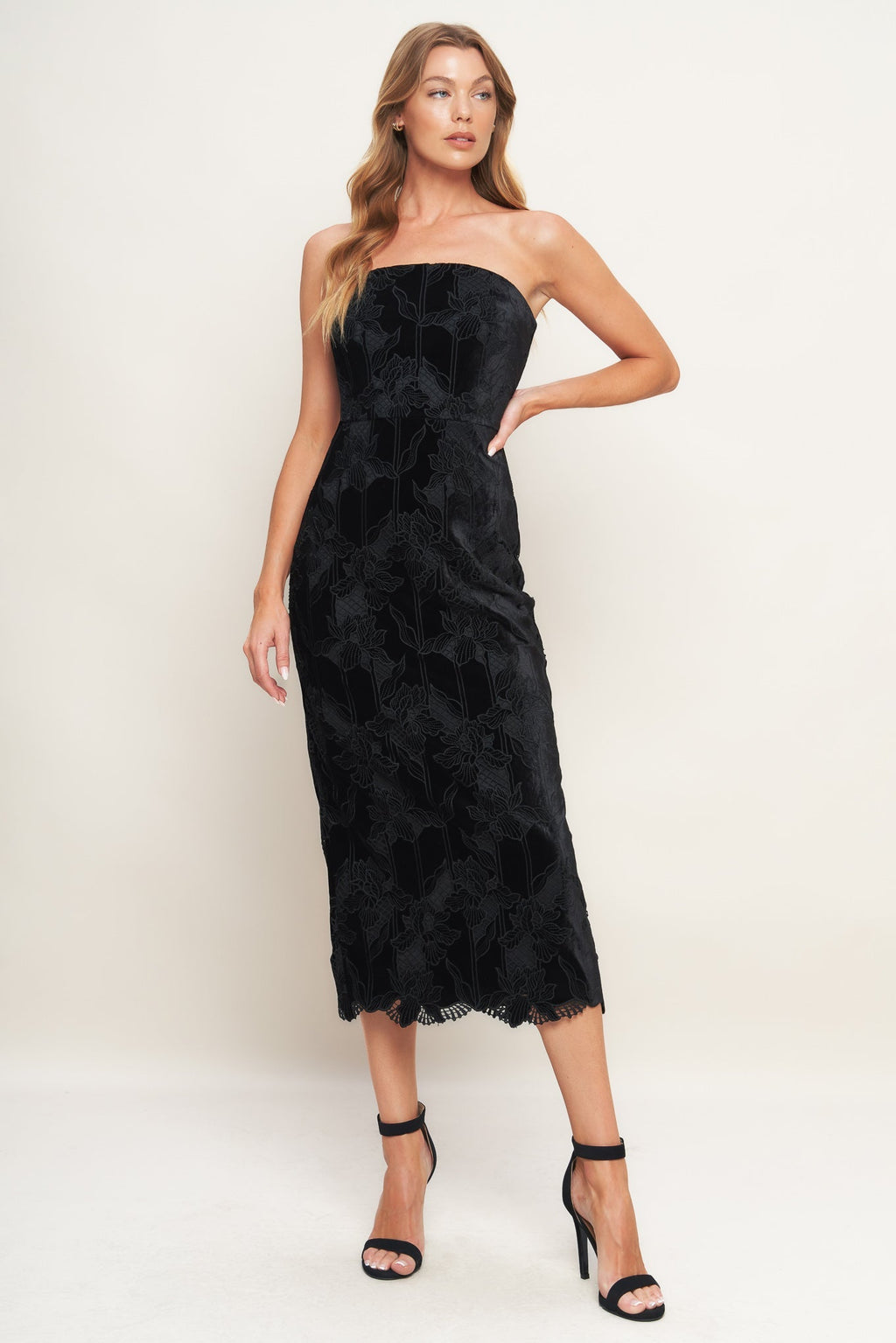 TEMPTATION BLACK VELVET LACE MIDI DRESS - FINAL SALE