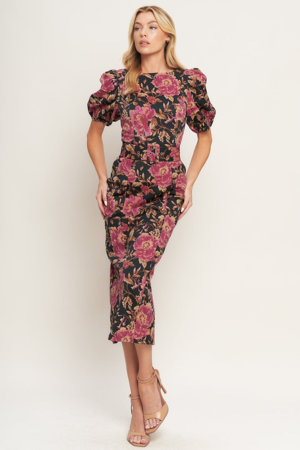 ROSE PUFF SLEEVE FITTED MIDI DRESS