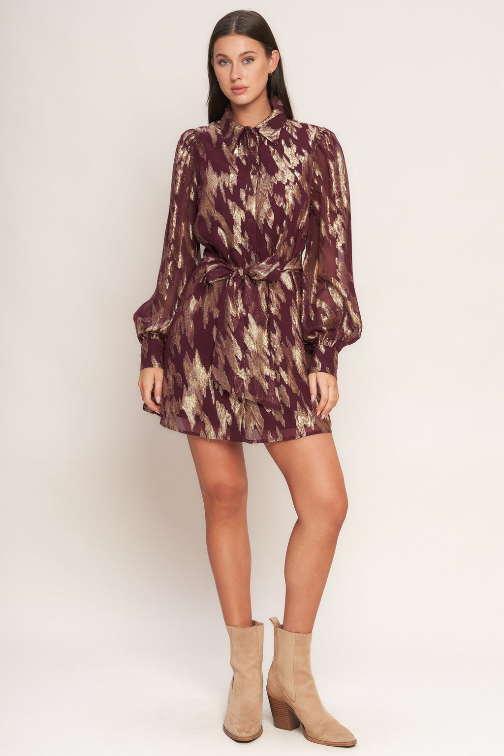 METALLIC MUSE BURGUNDY LONG SLEEVE MINI DRESS - FINAL SALE