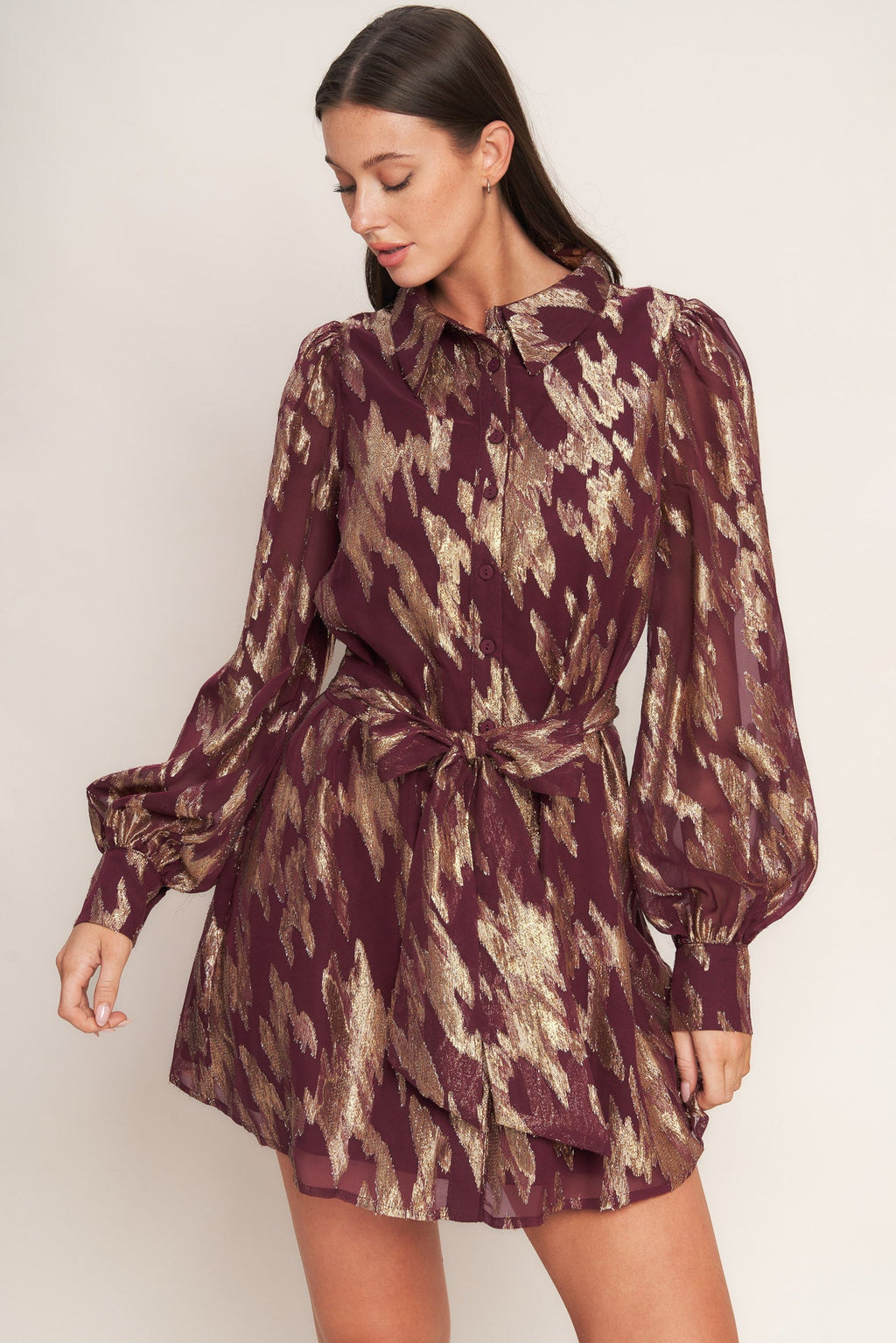 METALLIC MUSE BURGUNDY LONG SLEEVE MINI DRESS - FINAL SALE