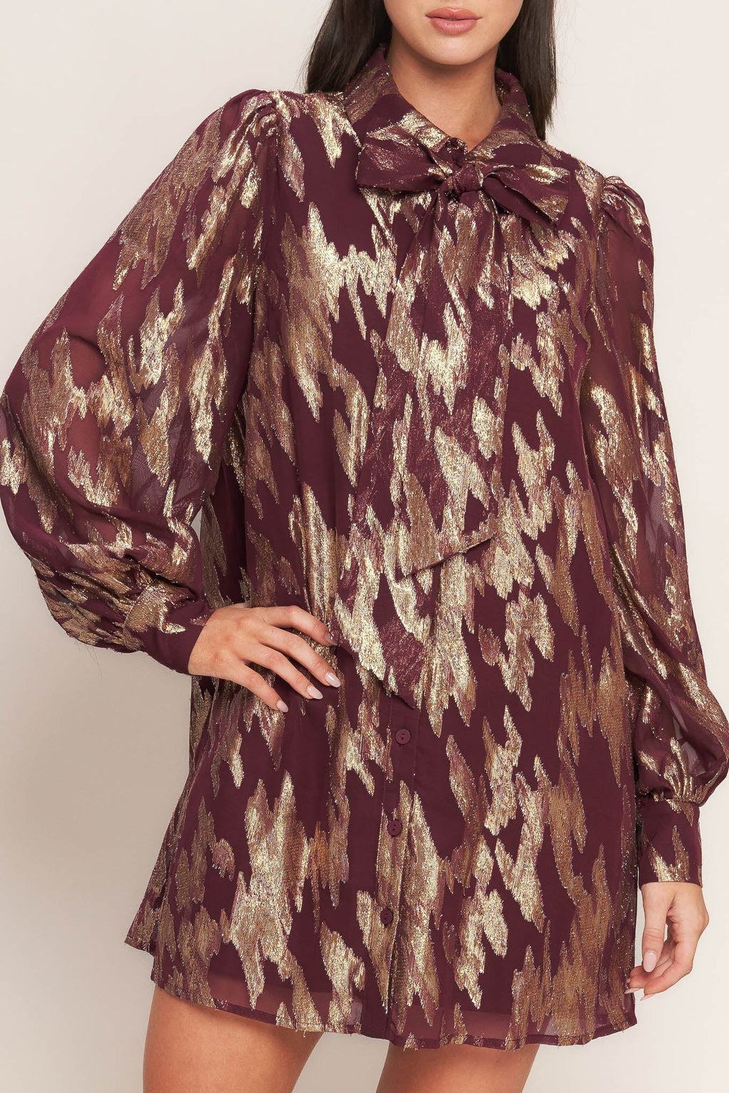 METALLIC MUSE BURGUNDY LONG SLEEVE MINI DRESS - FINAL SALE